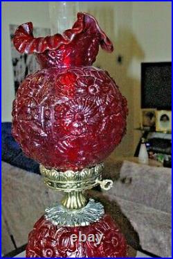 Large Fenton L&L 729 Cranberry/Red Poppy GWTW Lamp 26 Tall, Ruby Red, Gold