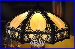 Large Signed Arts&Crafts, Art Nouveau Era Renaud Stained Slag Glass Lamp