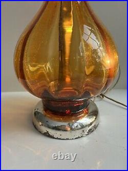 Large mcm mid century art deco amber optical glass vintage table lamp rare