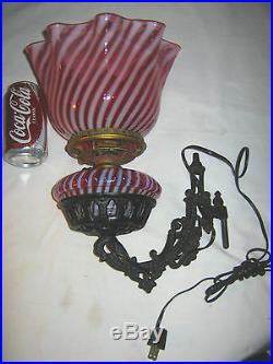 Lg Antique Fenton Cranberry Swirl Opalescent Cast Iron Sconce Wall Art Oil Lamp