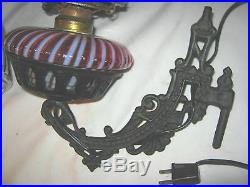 Lg Antique Fenton Cranberry Swirl Opalescent Cast Iron Sconce Wall Art Oil Lamp