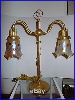 Loetz Bronze Art Nouveau Student Desk Lamp with Loetz Art Glass Shades