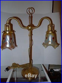 Loetz Bronze Art Nouveau Student Desk Lamp with Loetz Art Glass Shades