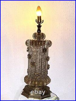 Loevsky & Loevsky Vtg Hollywood Regency Art Deco Gilded Cut Glass Table Lamp