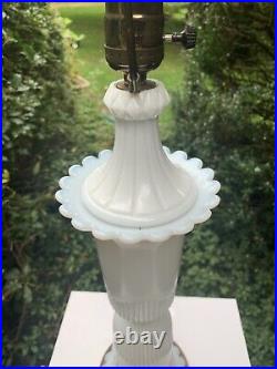 MCM Art Deco Table Lamp Opaline White Milk Glass Ribbed Hourglass 1950s Regency