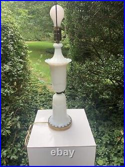 MCM Art Deco Table Lamp Opaline White Milk Glass Ribbed Hourglass 1950s Regency