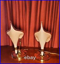 MID Century Calla Lily Blown Swung Glass Slip Shade Table Lamps