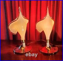 MID Century Calla Lily Blown Swung Glass Slip Shade Table Lamps