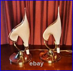 MID Century Calla Lily Blown Swung Glass Slip Shade Table Lamps