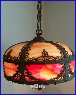 MILLER / ROYAL ART GLASS CO Art Nouveau Orange Red Glass Ceiling Slag Swag Lamp