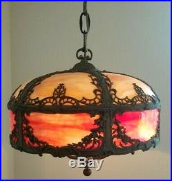 MILLER / ROYAL ART GLASS CO Art Nouveau Orange Red Glass Ceiling Slag Swag Lamp