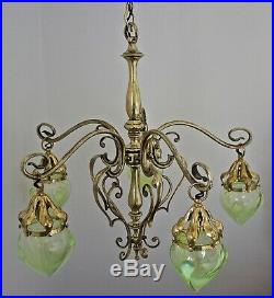 Magnificent Arts And Crafts Brass Chandelier With Vaseline Shades Was Benson