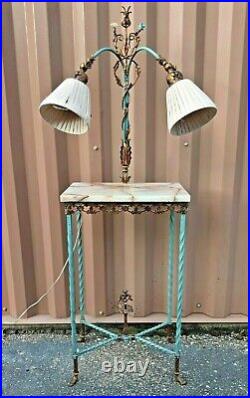 Marble Bronze Spanish Revival Telephone Table Lamp Art Glass Shades Reception