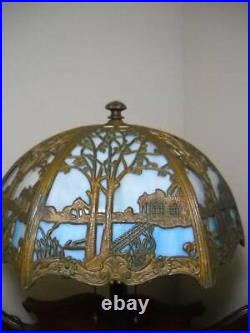 Marked Handel Lamp Base with 12 Panel Fancy Art Nouveau Slag Glass Shade