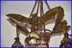 Massive AUSTRIAN BRONZE Bat Chandelier Lamp Gothic Loetz style art glass globes