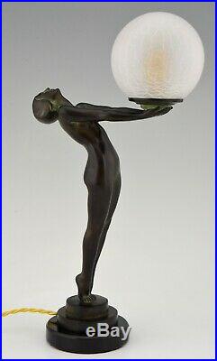 Max Le Verrier Art Deco lamp sculpture nude on marble base design 1928 Clarté