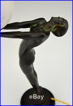 Max Le Verrier Art Deco lamp sculpture nude on marble base design 1928 Clarté