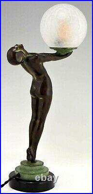 Max Le Verrier Standing Nude Holding a Glass Shade Art Deco Sculpture Lamp