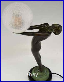 Max Le Verrier Standing Nude Holding a Glass Shade Art Deco Sculpture Lamp
