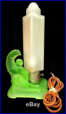 McKee Art Deco Table Lamp Uranium Glass Nude Angel Base with Frosted Skyscraper