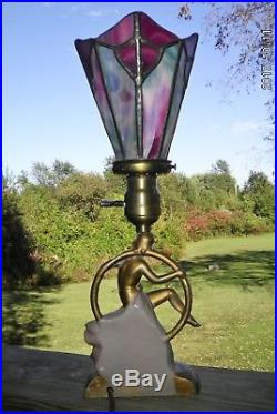 Metal Art Deco Lady Woman Figural Boudoir Lamp With Unique Vtg. Slag Glass Shade