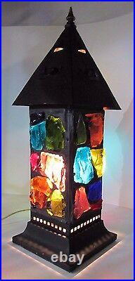 Mid Century Chunk Glass Lamp Multi Color Tin w Brass Finial Decorative Art Light
