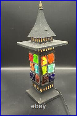 Mid-Century Chunk Glass Lamp, Nader Original MFG Sticker Brass Finial Art Light