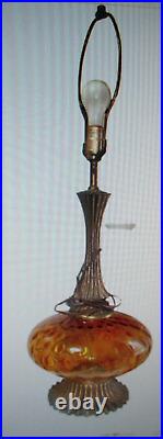 Mid-Century MURANO Italian Art Glass Amber Optic & Brass Table Lamp