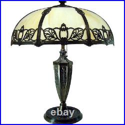 Miller Electric Table Lamp with Filigreed Eight-Panel Art Glass Shade 1920's