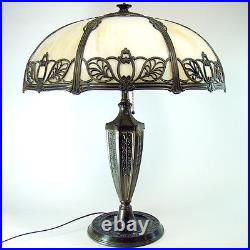 Miller Electric Table Lamp with Filigreed Eight-Panel Art Glass Shade 1920's