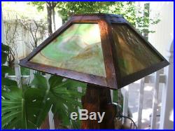Mission Oak Wood Arts and Crafts SLAG GLASS TABLE LAMP 21 High, Shade 13 1/2