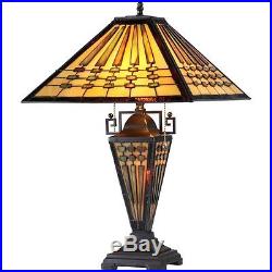 Mission Table Lamp 2 Light Lit Base Craftsman Style Stained Art Glass Bronze Fin