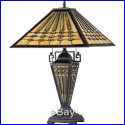 Mission Table Lamp 2 Light Lit Base Craftsman Style Stained Art Glass Bronze Fin