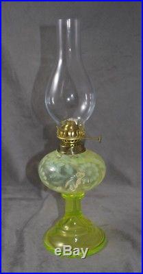Mosser Glass Fern and Daisy Vaseline Opalescent Small Oil Lamp