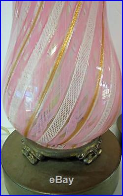 Murano Art Glass Pair Of Latticino Twisted Ribbon Zanfirico Lamps Fratelli Toso