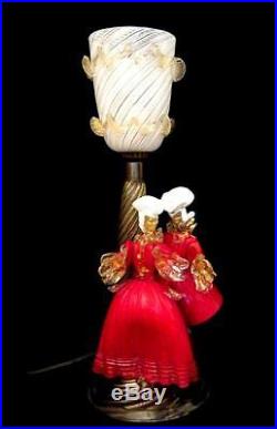 Murano Glass Table Lamp Latticino Shade & Red & Gold Lady and Gentleman Figures