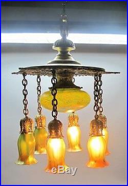 Museum-Quality QUEZAL Art Nouveau 7-Shade Ceiling Lamp c. 1904 antique glass