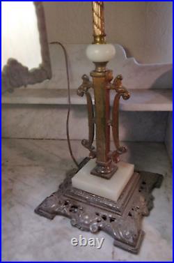 NICE! Antique Bridge Arm Table Lamp Arts & Crafts Square Cream Slag Glass Shade