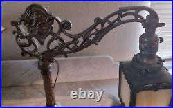 NICE! Antique Bridge Arm Table Lamp Arts & Crafts Square Cream Slag Glass Shade