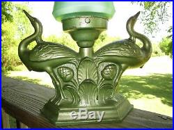 No. 89 Great Art Deco Spelter Bird lamp With Vintage Green Pyramid Glass Shade