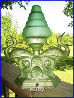 No. 89 Great Art Deco Spelter Bird lamp With Vintage Green Pyramid Glass Shade