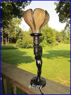 Numbered Art Deco Metal Lady Lamp With Vintage Slag Glass Shade