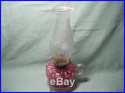 Old COLORED GLASS LAMP & Chimney CRANBERRY with OPALESCENT LINES Art Glass