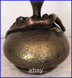 Olive Kooken Art Deco Bronzed Nude Woman with Bent Stained Glass Shade Table Lamp