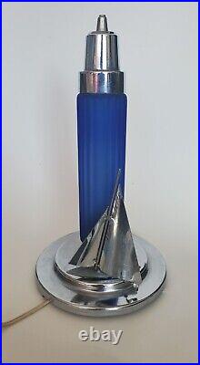 Original 1930s Cobalt Glass & Chrome Sailboat Art Deco Lamp