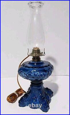 Original Antique Cobalt Princess Feather Oil Lamp