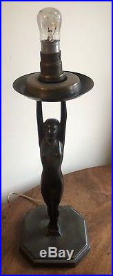 Original Art Deco Lady Lamp/ Light With Crackle Glass Shade C1931