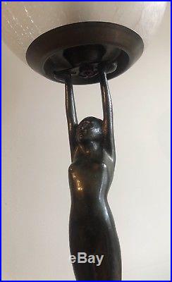 Original Art Deco Lady Lamp/ Light With Crackle Glass Shade C1931