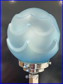 Original Art Deco Period Chrome stepped Table Lamp & Ice Blue Glass Shade