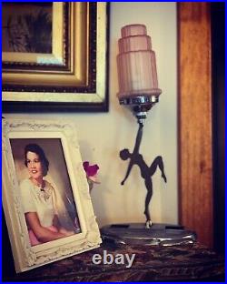 Original Art Deco Silhouette Lady Lamp with Pink Skyscraper Glass Shade